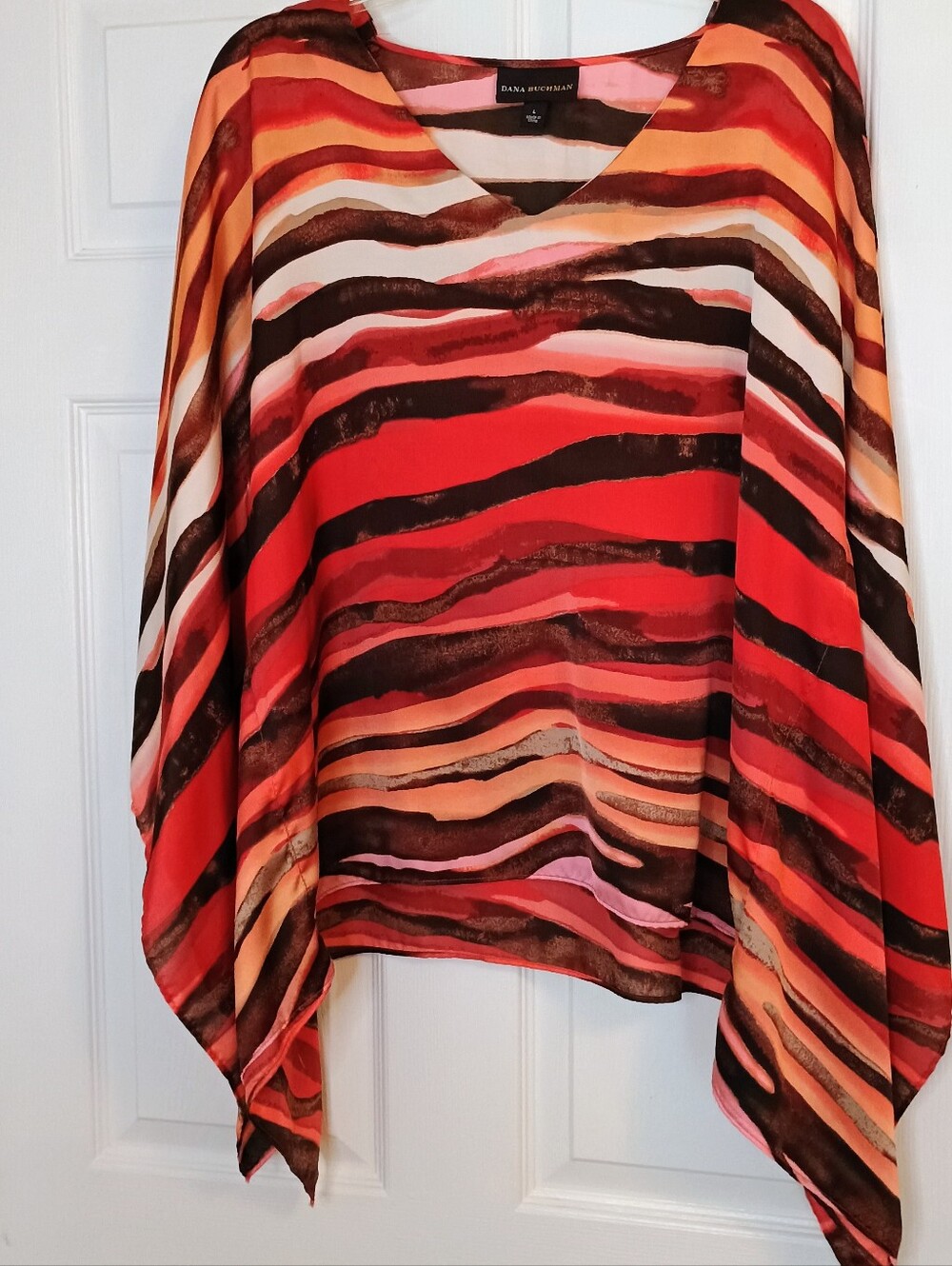 Dana Buchman Blouse L Flowing Dolman Sleeves Fall Colors -Burnt Orange Browns...